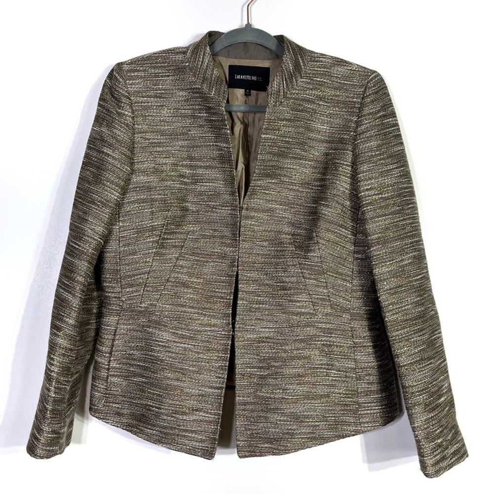 Lafayette 148 New York Beige Brown and Metallic Gold Tweed Jacket 10 EUC